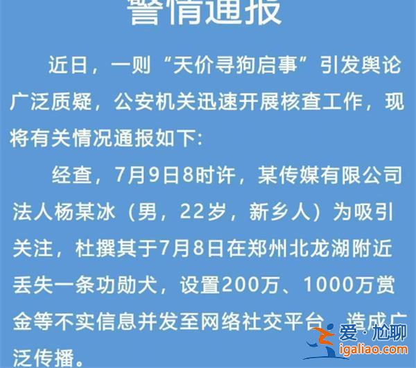 郑州通报“千万寻狗”|寻狗启事系杜撰发布者行拘15日[千万寻狗]？